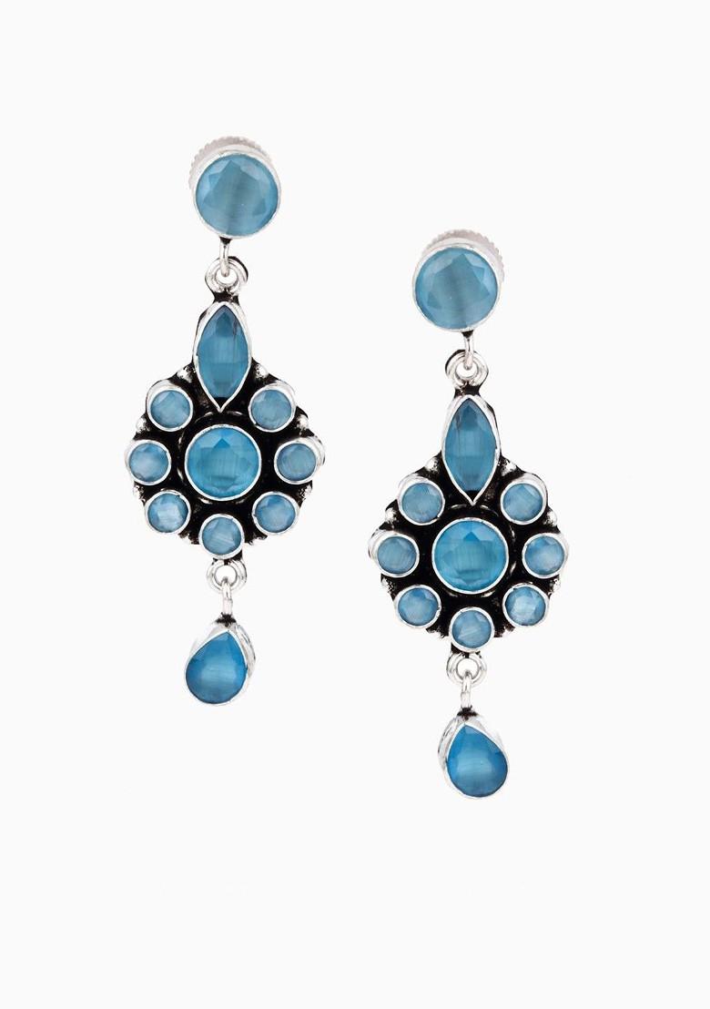 Silver Plated American Diamond Studded Floral Shaped Drop Earrings