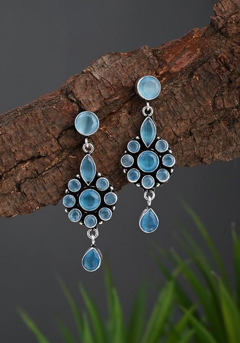 Silver Plated American Diamond Studded Floral Shaped Drop Earrings
