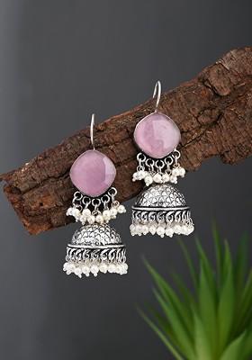 Silver Plated Artificial Stones Studded And Beaded Dome Shaped Jhumkas