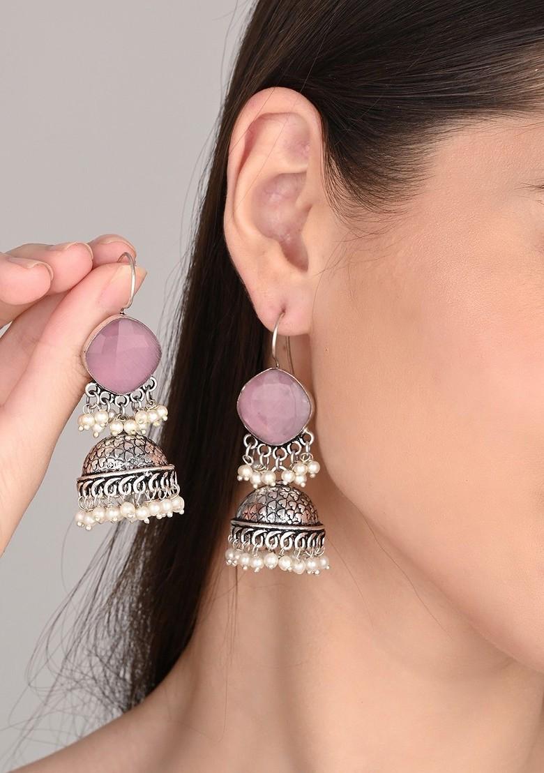 Silver Plated Artificial Stones Studded And Beaded Dome Shaped Jhumkas