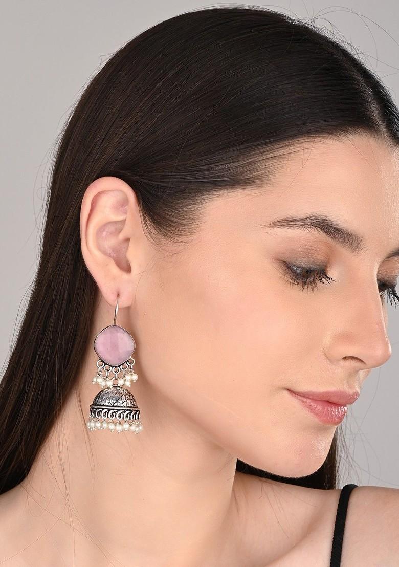 Silver Plated Artificial Stones Studded And Beaded Dome Shaped Jhumkas