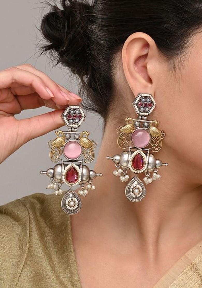 Artificial Stones Studded And Beaded Contemporary Drop Earrings