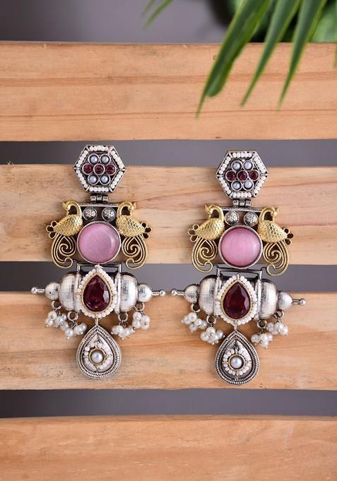 Artificial Stones Studded And Beaded Contemporary Drop Earrings