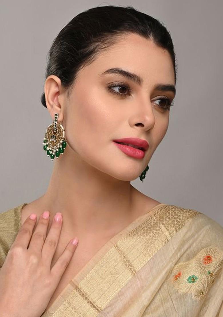 Artificial Stones Studded And Beaded Contemporary Drop Earrings