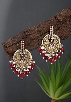 Gold Plated Artificial Stones Studded And Pearls Beaded Leaf Shaped Drop Earrings