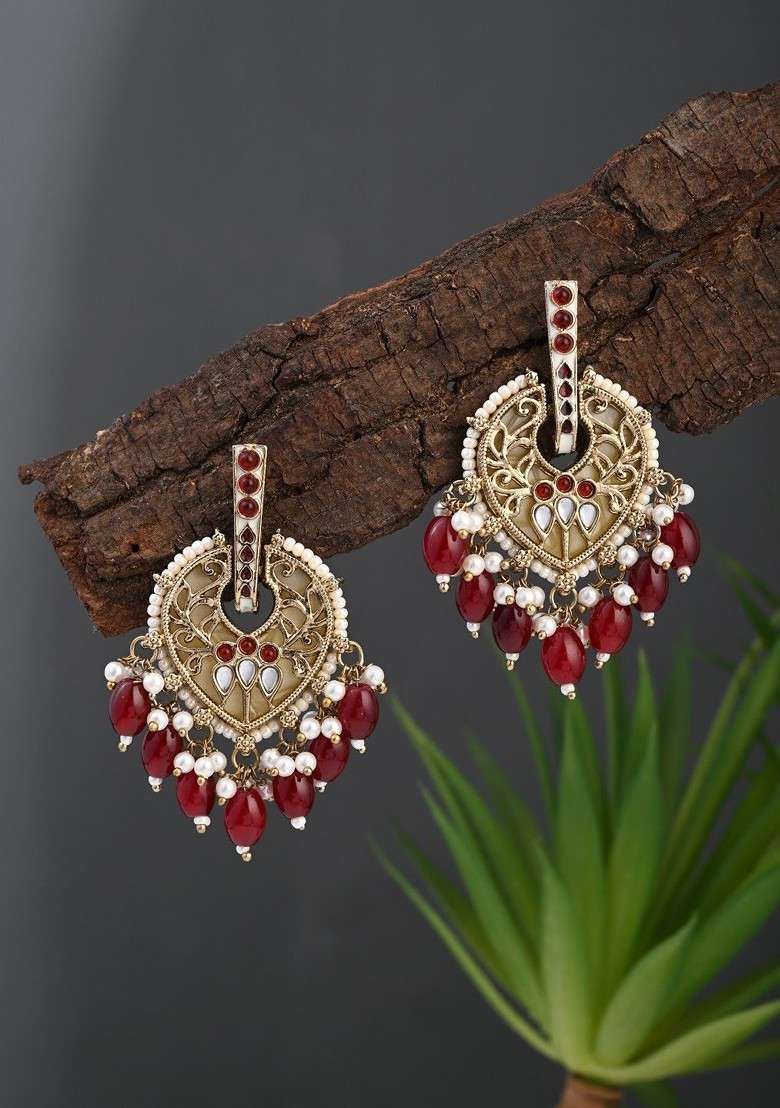 Gold Plated Artificial Stones Studded And Pearls Beaded Leaf Shaped Drop Earrings - Indya