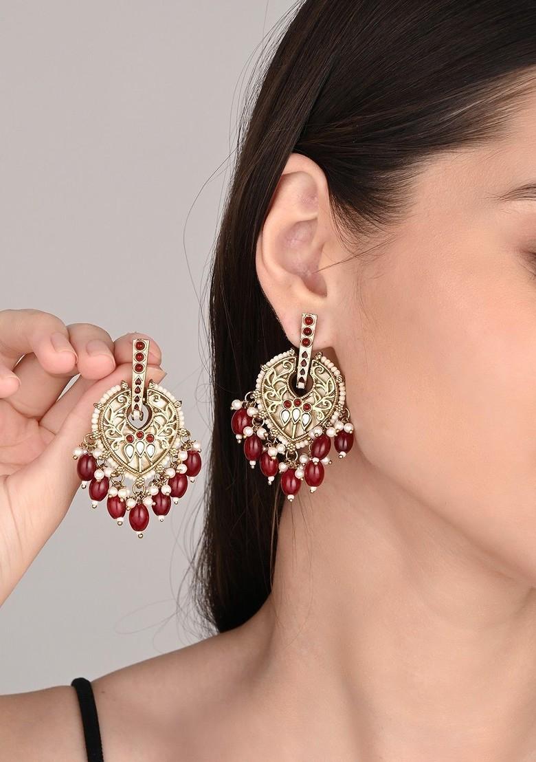 Gold Plated Artificial Stones Studded And Pearls Beaded Leaf Shaped Drop Earrings