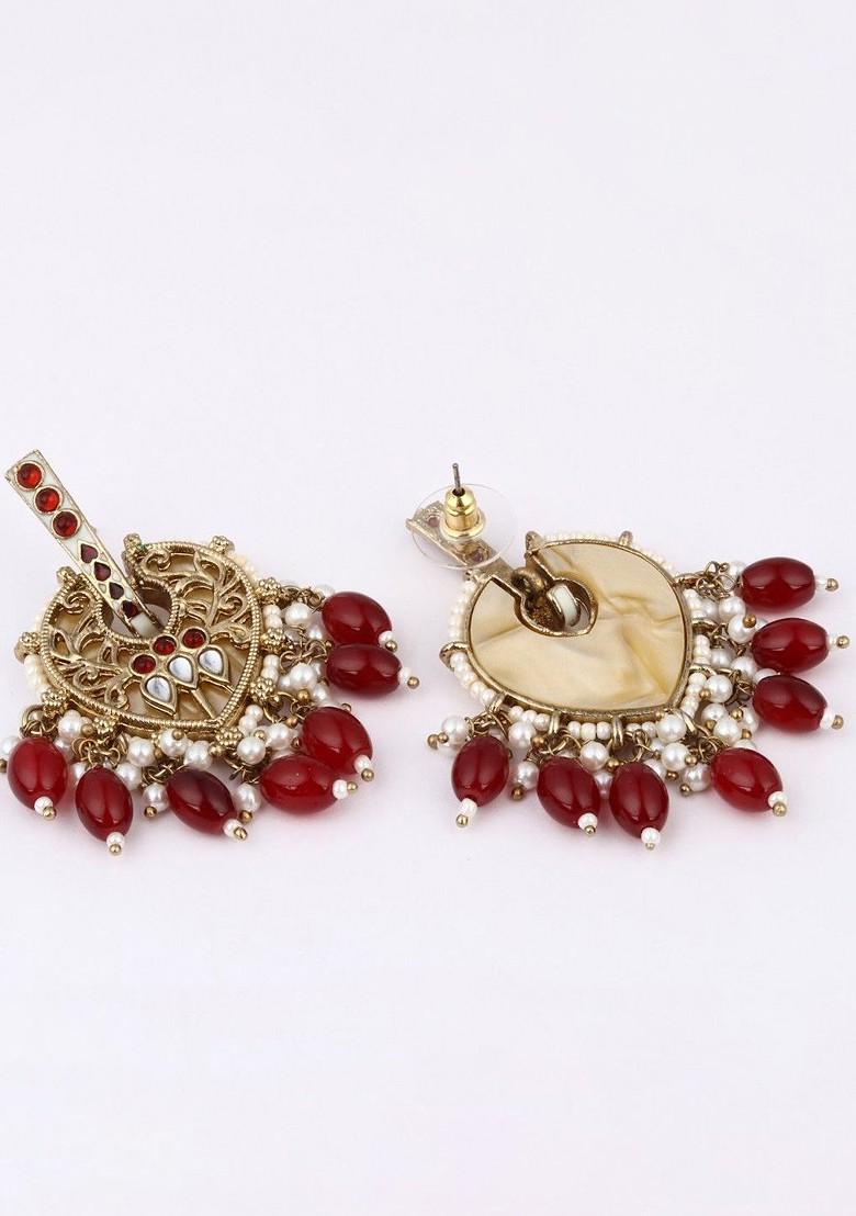 Gold Plated Artificial Stones Studded And Pearls Beaded Leaf Shaped Drop Earrings