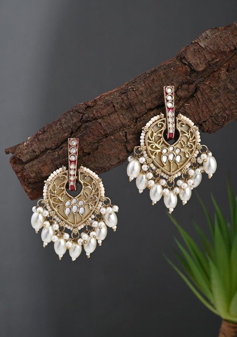 Gold Plated Artificial Stones Studded And Pearls Beaded Leaf Shaped Drop Earrings