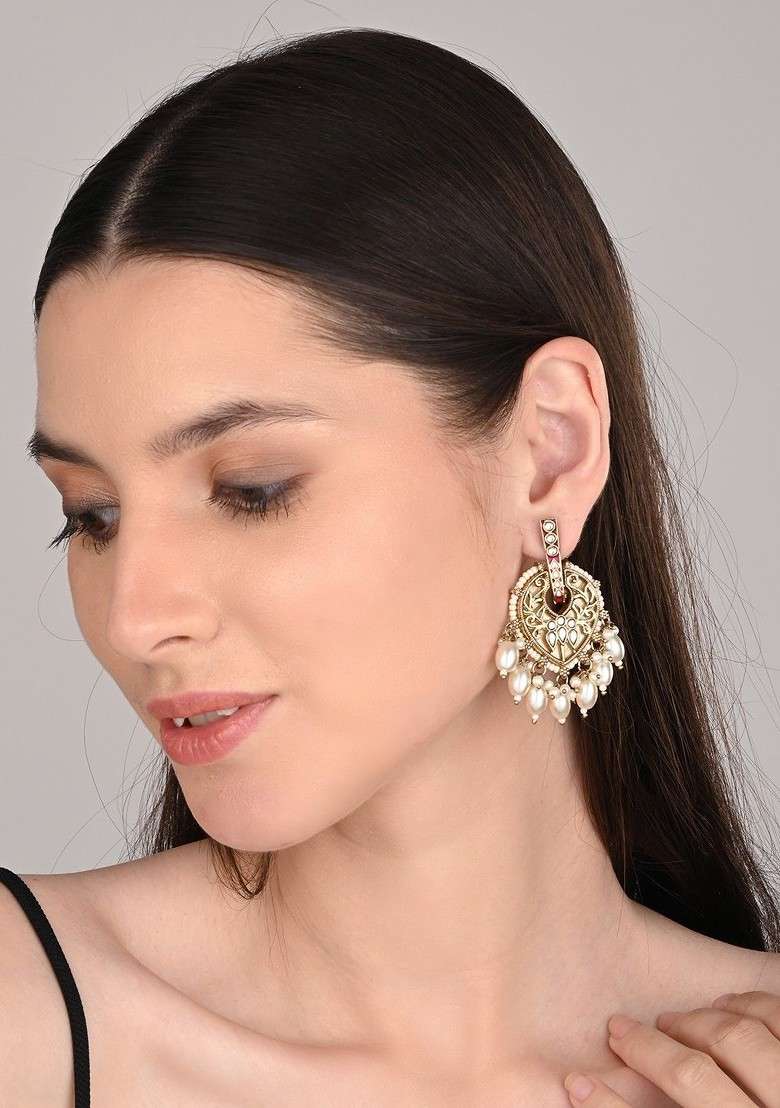 Gold Plated Artificial Stones Studded And Pearls Beaded Leaf Shaped Drop Earrings - Indya