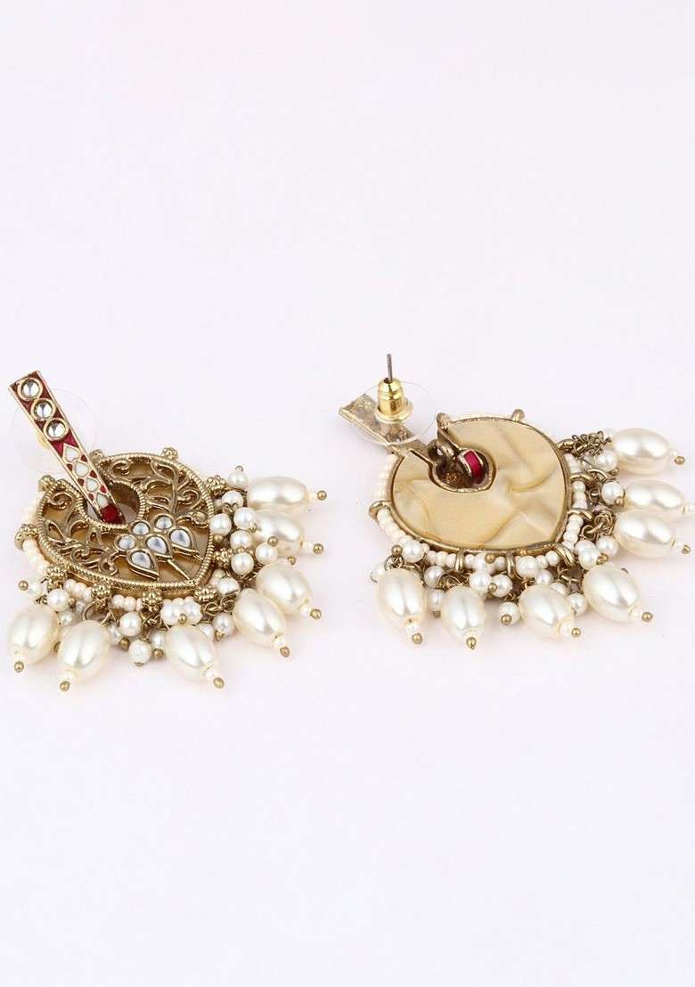 Gold Plated Artificial Stones Studded And Pearls Beaded Leaf Shaped Drop Earrings - Indya