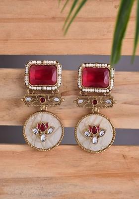 Artificial Stones Studded And Beaded Contemporary Shaped Drop Earrings