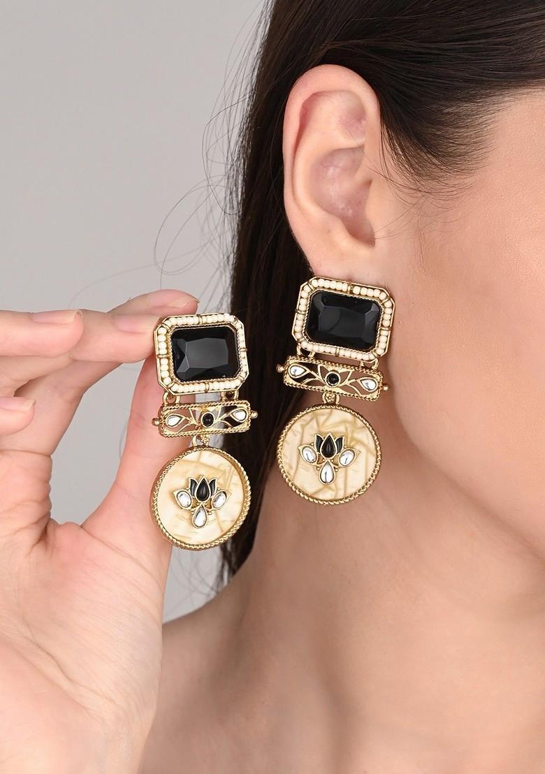 Gold Plated Artificial Stones Studded Geometric Drop Earrings With Mop Filigree
