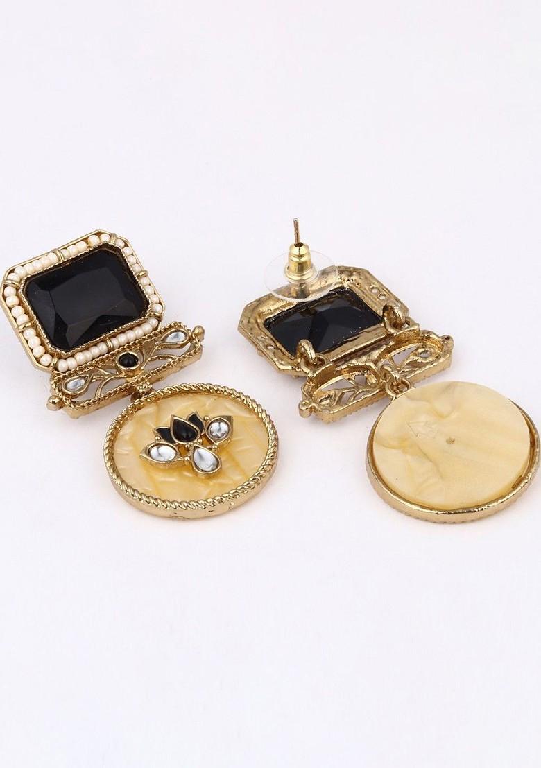 Gold Plated Artificial Stones Studded Geometric Drop Earrings With Mop Filigree