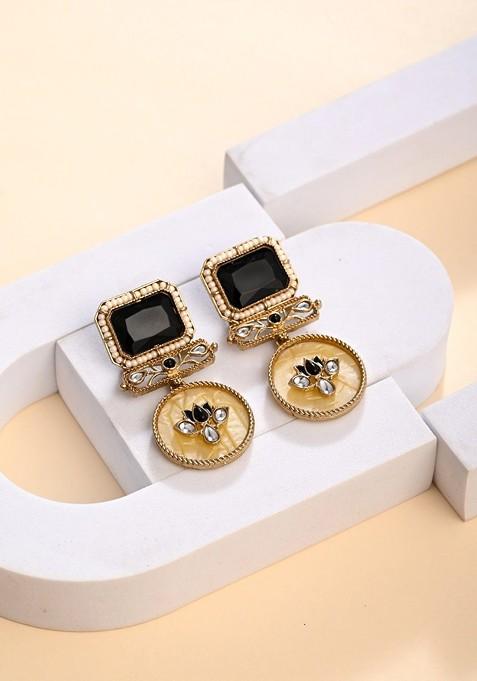 Gold Plated Artificial Stones Studded Geometric Drop Earrings With Mop Filigree