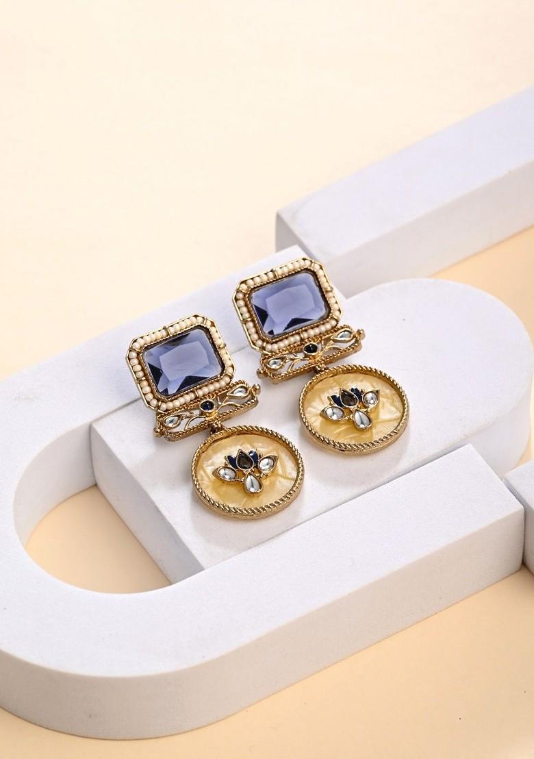 Gold Plated Artificial Stones Studded And Beaded Contemporary Drop Earrings