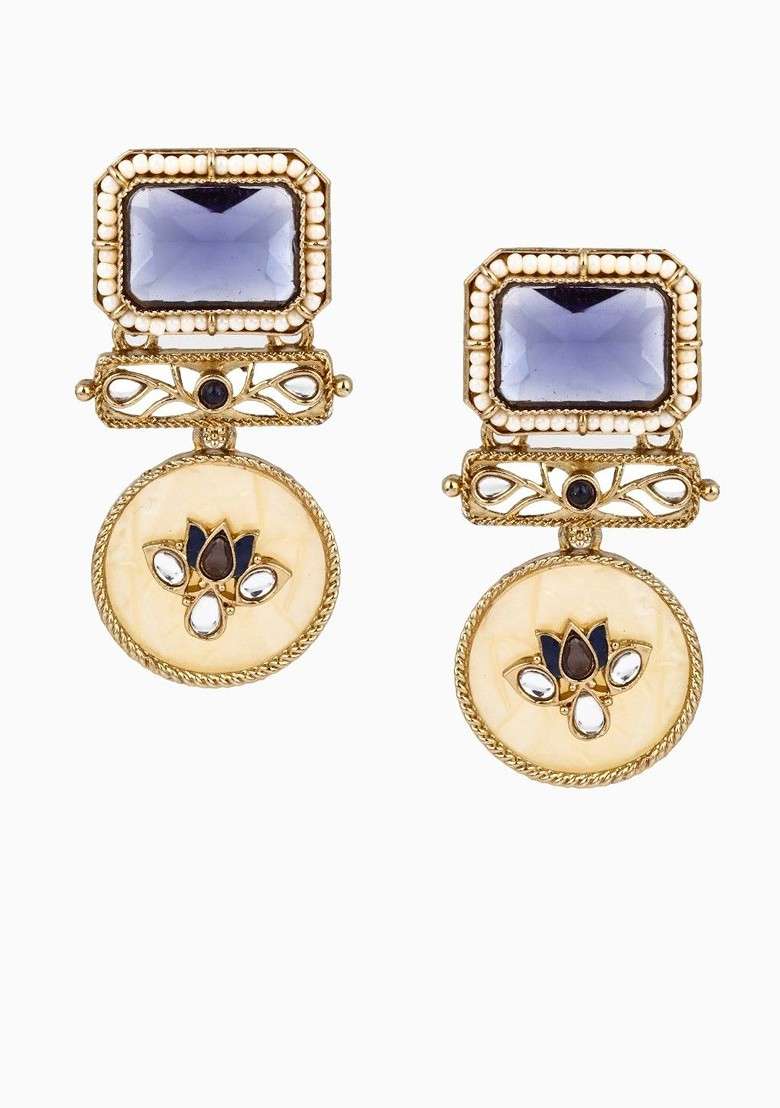 Gold Plated Artificial Stones Studded And Beaded Contemporary Drop Earrings - Indya