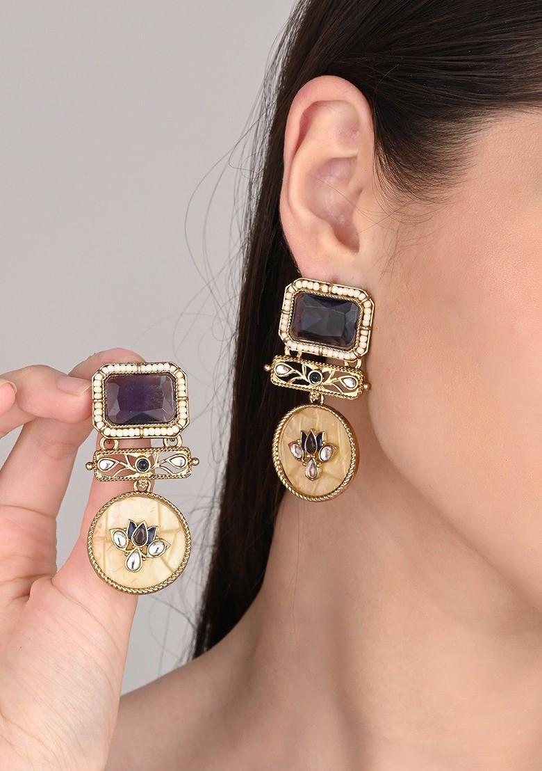 Gold Plated Artificial Stones Studded And Beaded Contemporary Drop Earrings