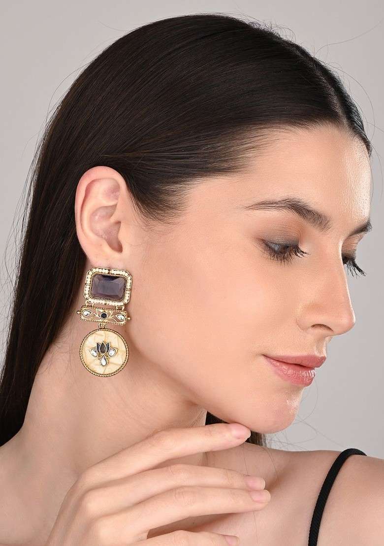 Gold Plated Artificial Stones Studded And Beaded Contemporary Drop Earrings - Indya