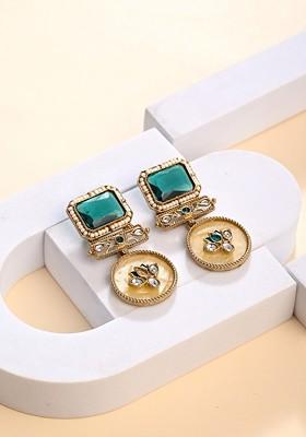 Gold Plated Artificial Stones Studded And Beaded Contemporary Drop Earrings