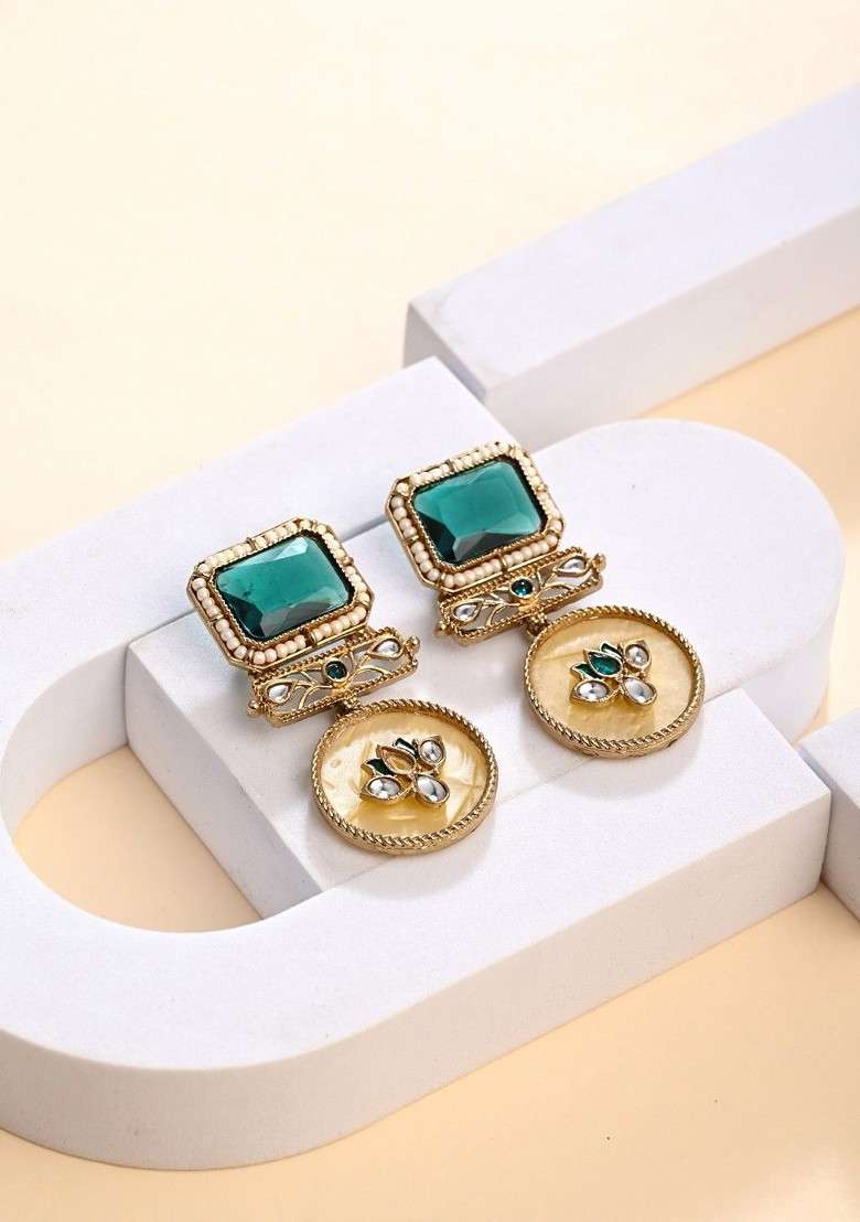 Gold Plated Artificial Stones Studded And Beaded Contemporary Drop Earrings - Indya