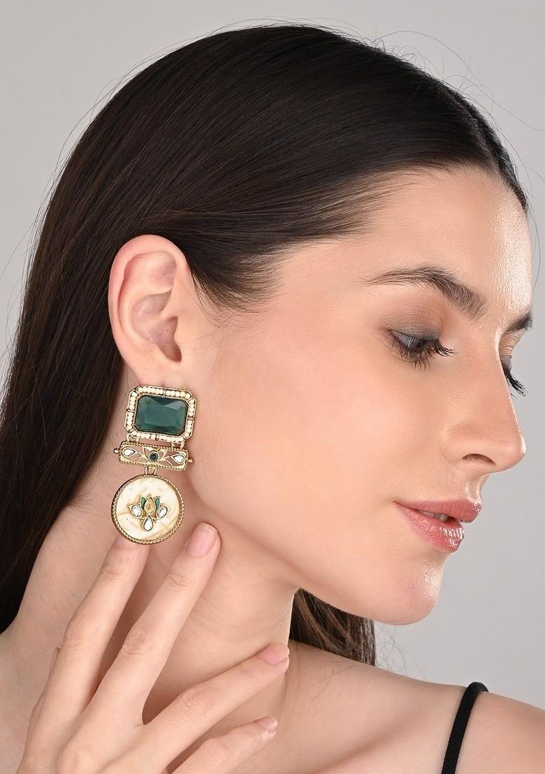 Gold Plated Artificial Stones Studded And Beaded Contemporary Drop Earrings