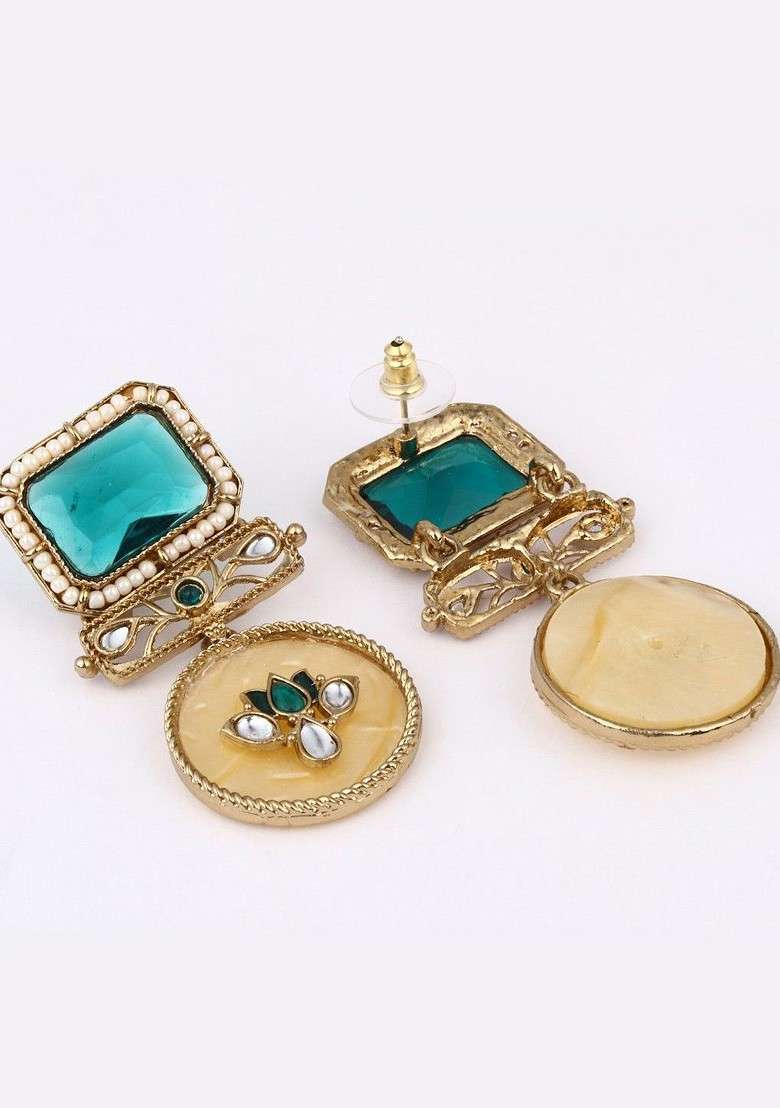 Gold Plated Artificial Stones Studded And Beaded Contemporary Drop Earrings - Indya