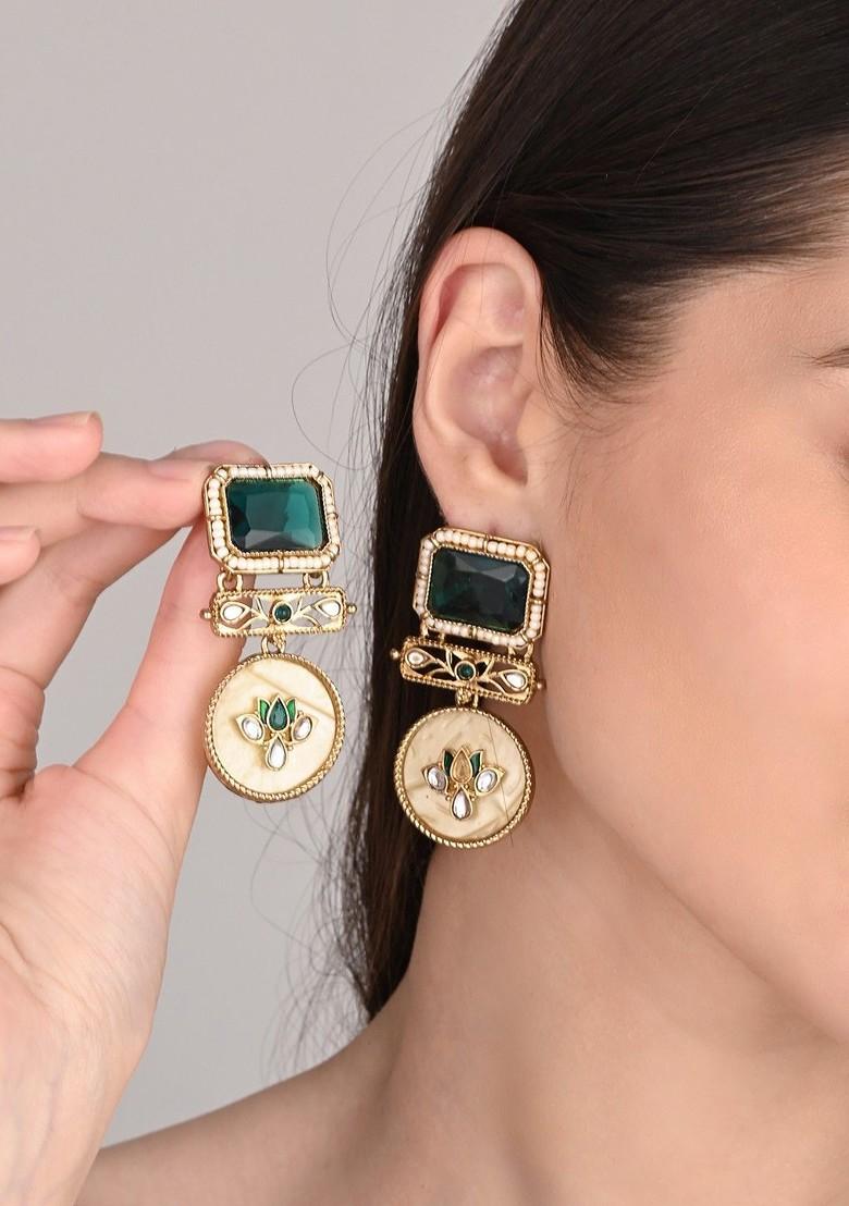 Gold Plated Artificial Stones Studded And Beaded Contemporary Drop Earrings