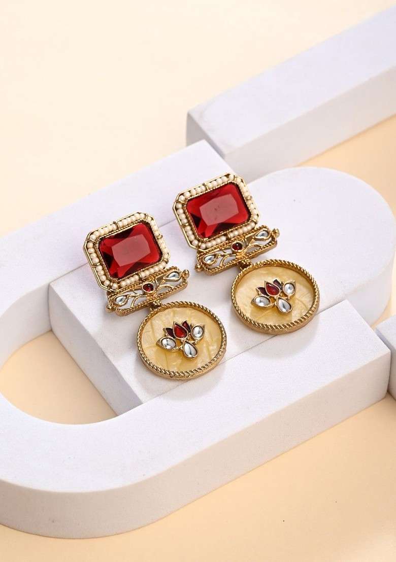 Gold Plated Artificial Stones Studded And Beaded Contemporary Drop Earrings - Indya