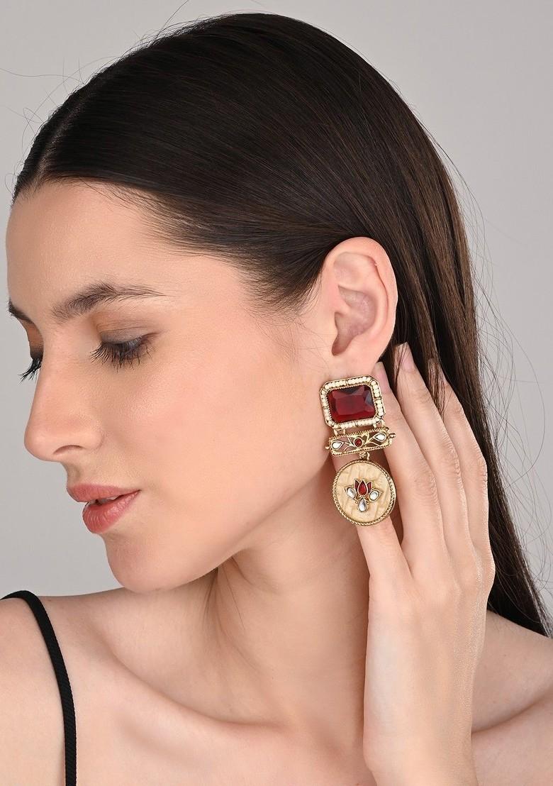 Gold Plated Artificial Stones Studded And Beaded Contemporary Drop Earrings