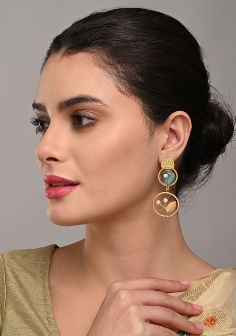 Artificial Stones Studded And Beaded Contemporary Shaped Drop Earrings