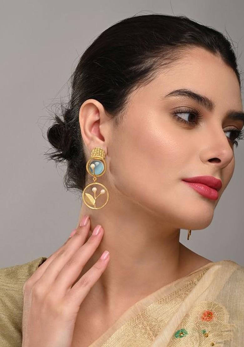 Artificial Stones Studded And Beaded Contemporary Shaped Drop Earrings