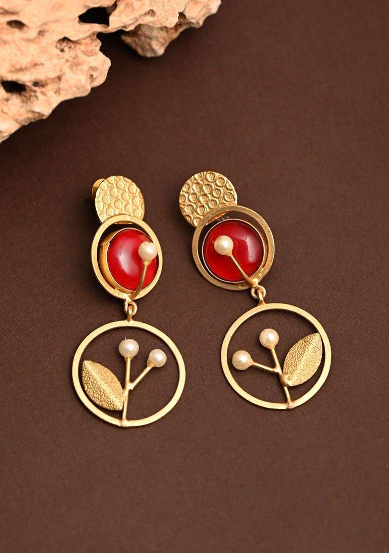 Gold Plated Artificial Stones Studded And Beaded Contemporary Shaped Drop Earring - Indya