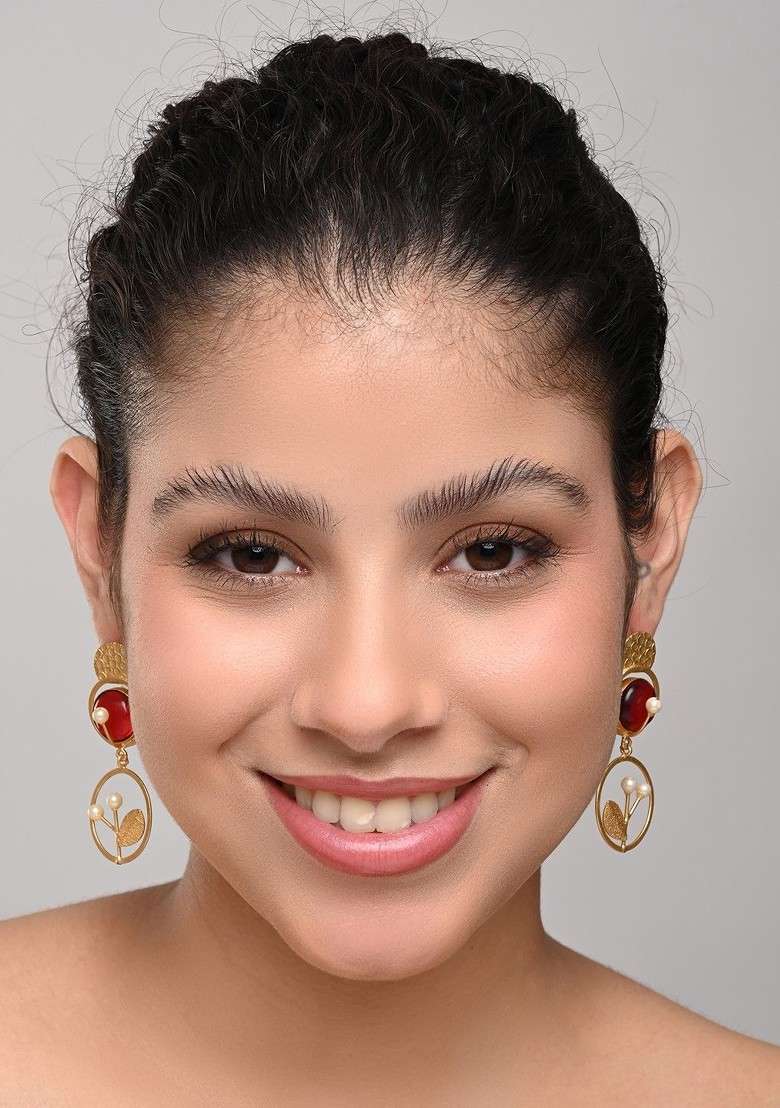 Gold Plated Artificial Stones Studded And Beaded Contemporary Shaped Drop Earring - Indya