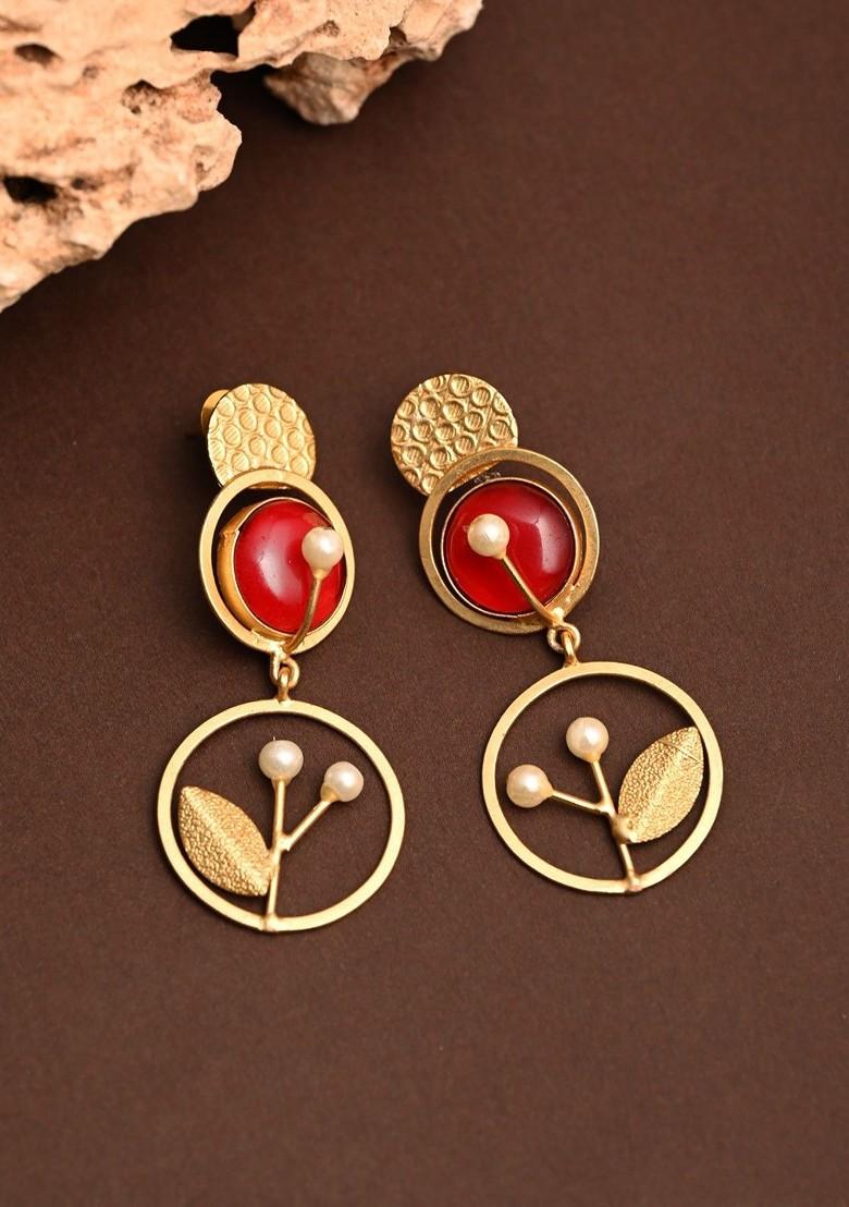 Gold Plated Artificial Stones Studded And Beaded Contemporary Shaped Drop Earring
