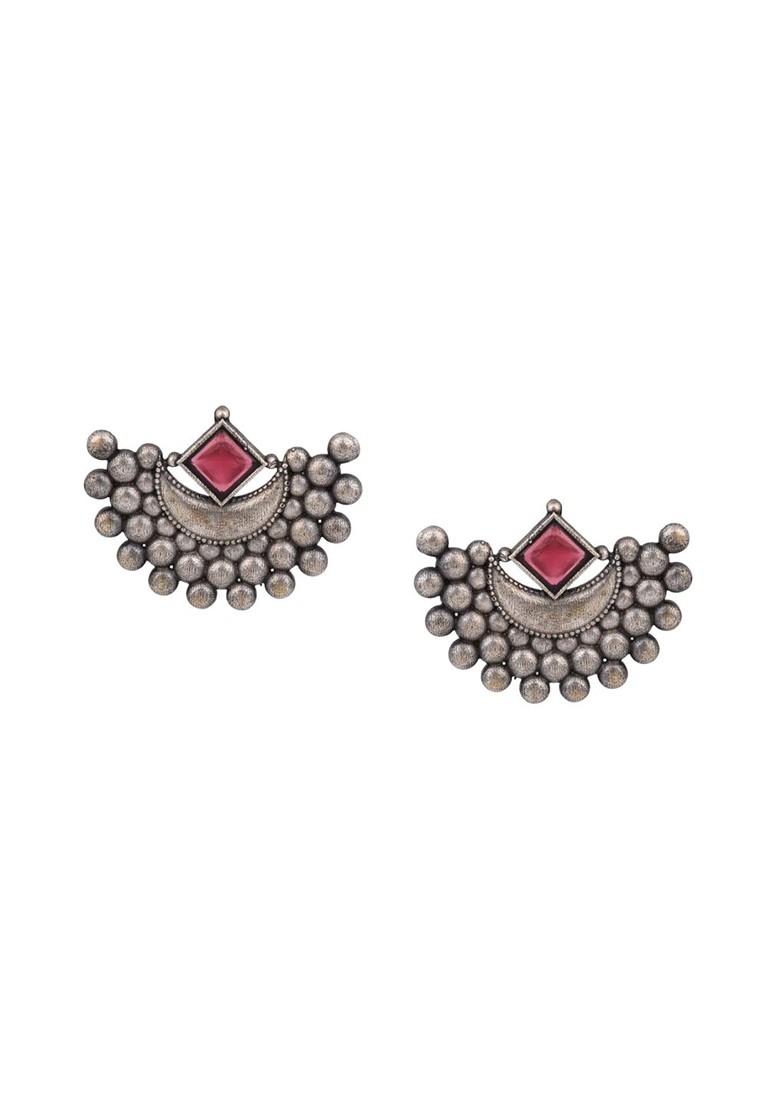 Silver Plated Artificial Stones Oxidised Contemporary Shaped Studs