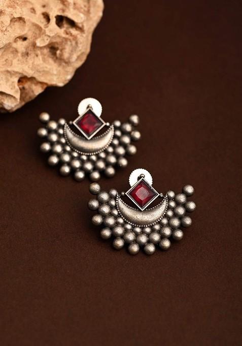 Silver Plated Artificial Stones Oxidised Contemporary Shaped Studs