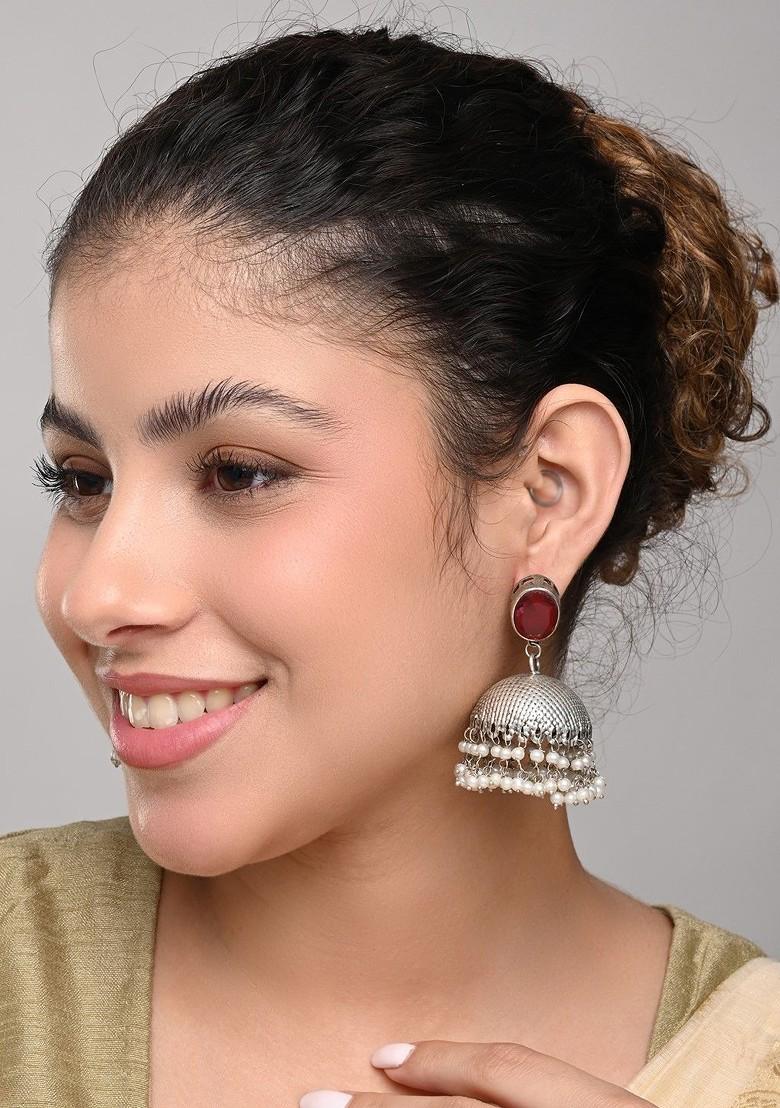 Silver Plated Artificial Beaded And Gemstones Studded Dome Shaped Oxidised Jhumkas