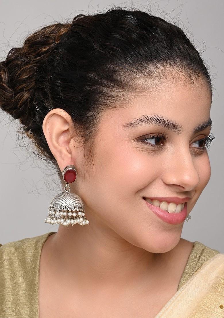 Silver Plated Artificial Beaded And Gemstones Studded Dome Shaped Oxidised Jhumkas