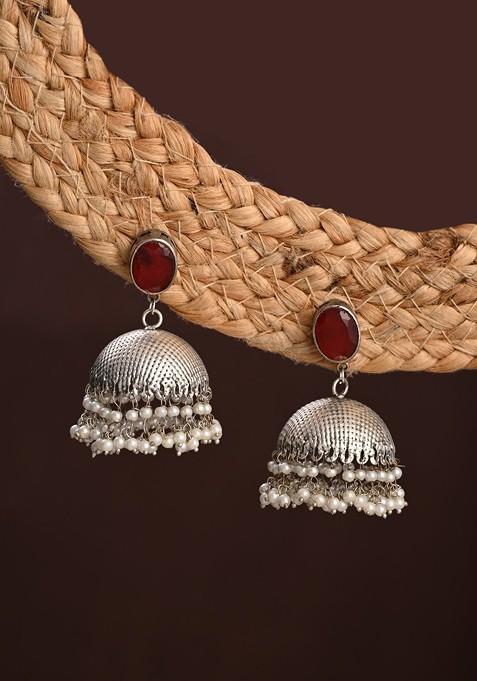 Silver Plated Artificial Beaded And Gemstones Studded Dome Shaped Oxidised Jhumkas