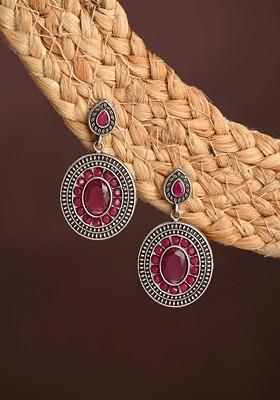 Silver Plated American Diamond Studded Oval Shaped Oxidised Drop Earrings