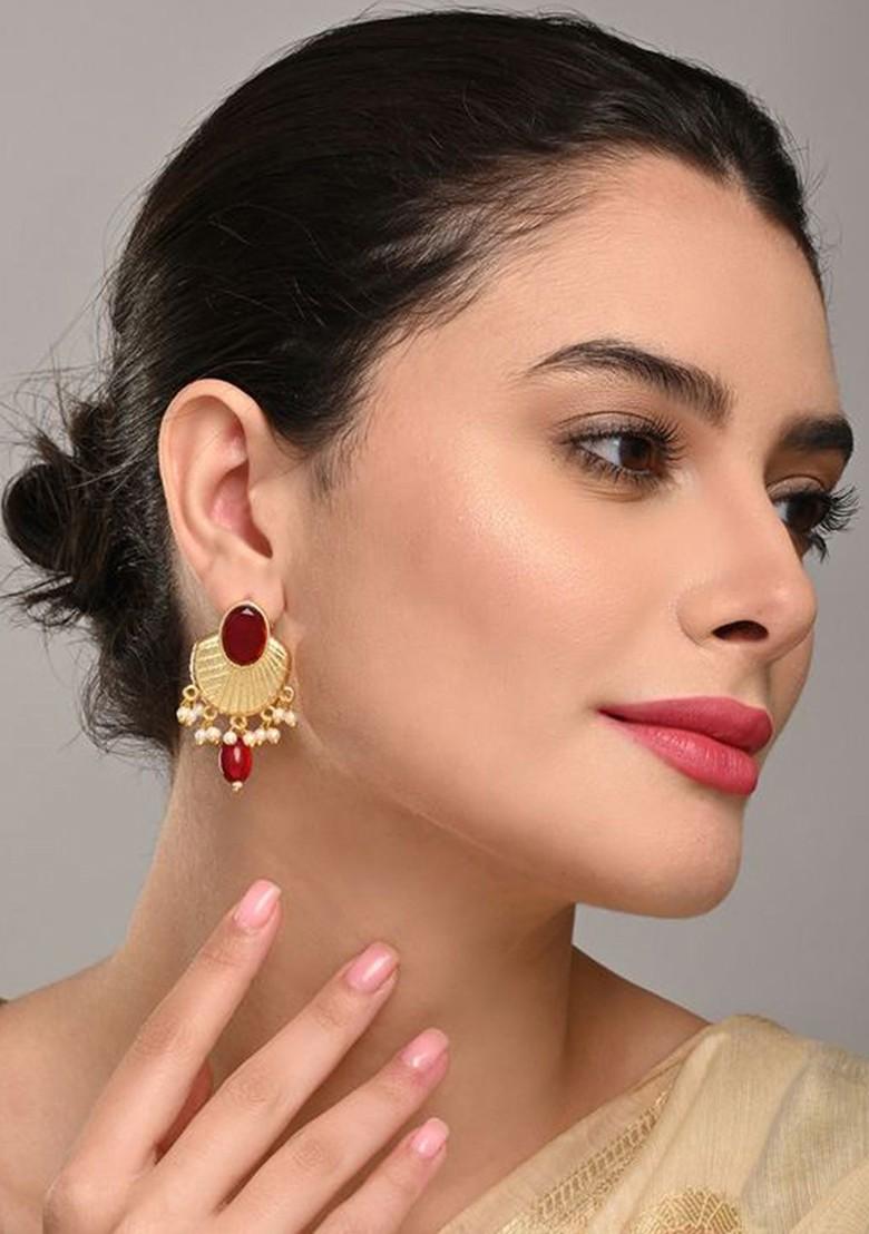 Artificial Stones Studded And Beaded Contemporary Drop Earrings
