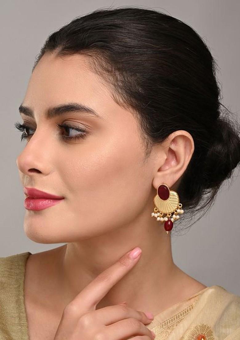 Artificial Stones Studded And Beaded Contemporary Drop Earrings