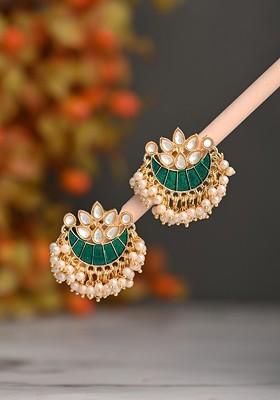 Gold Plated Artificial Stones Studded And Beaded Meenakari Crescent Shaped Studs