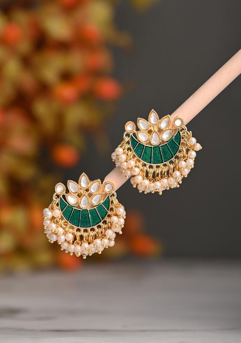 Gold Plated Artificial Stones Studded And Beaded Meenakari Crescent Shaped Studs