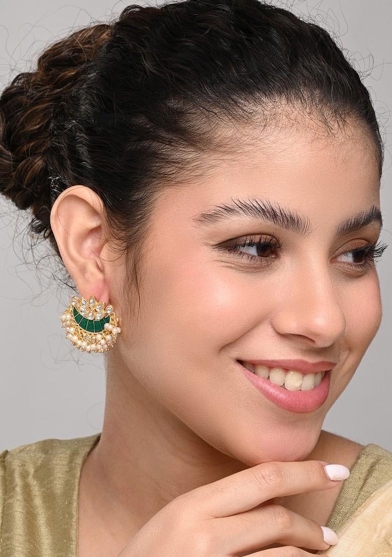 Gold Plated Artificial Stones Studded And Beaded Meenakari Crescent Shaped Studs