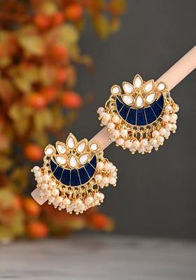 Gold Plated Artificial Stones Studded And Beaded Crescent Shaped Meenakari Studs