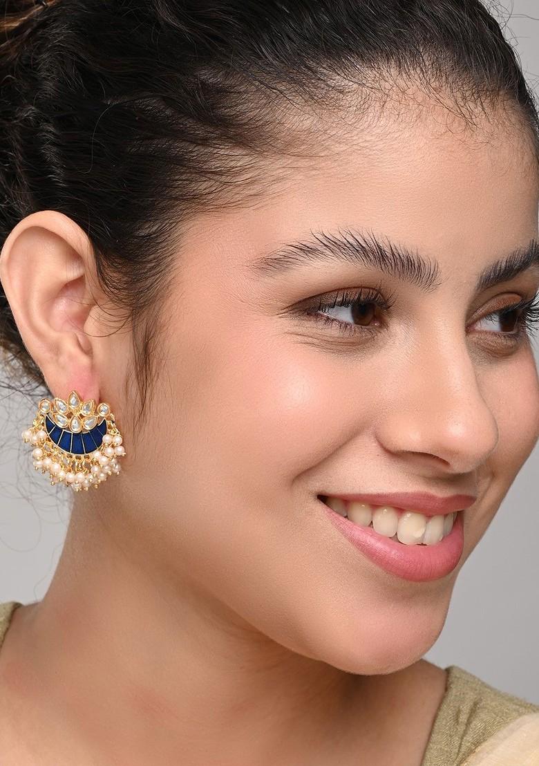 Gold Plated Artificial Stones Studded And Beaded Crescent Shaped Meenakari Studs