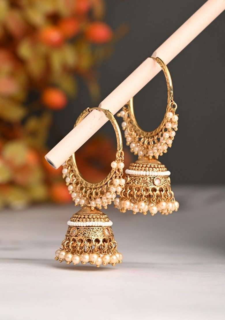 Gold Plated Artificial Stones Studded And Beaded Dome Shaped Hoop Earring - Indya