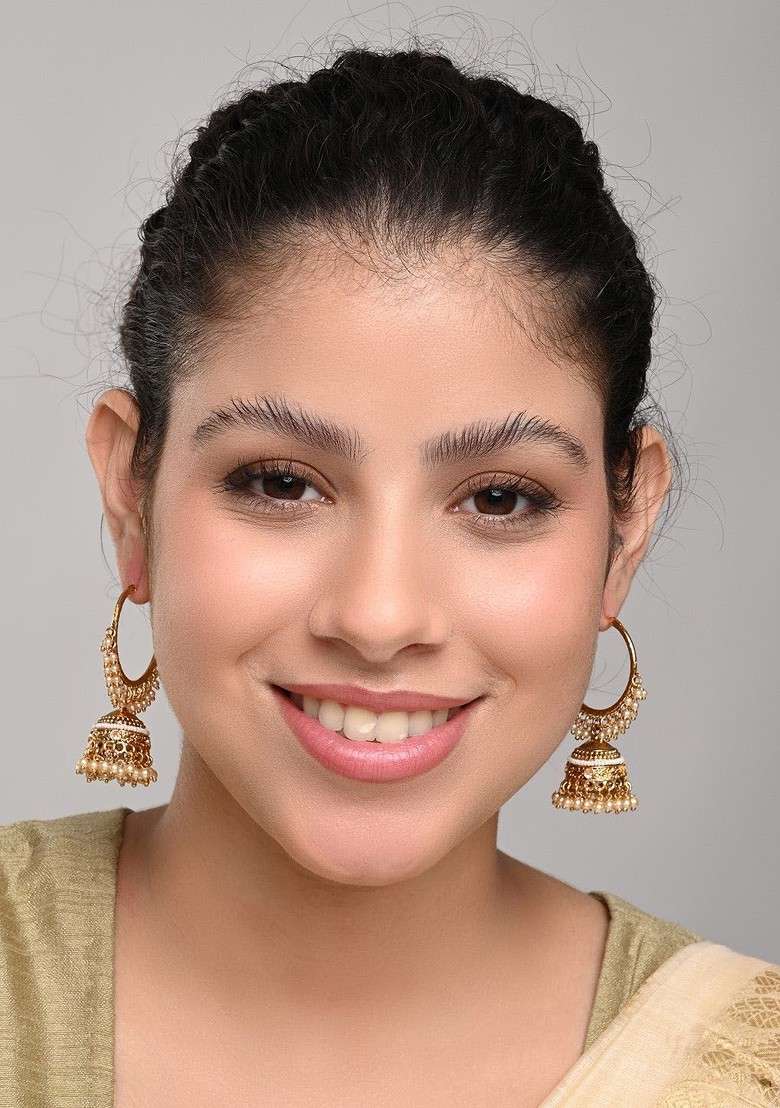 Gold Plated Artificial Stones Studded And Beaded Dome Shaped Hoop Earring - Indya